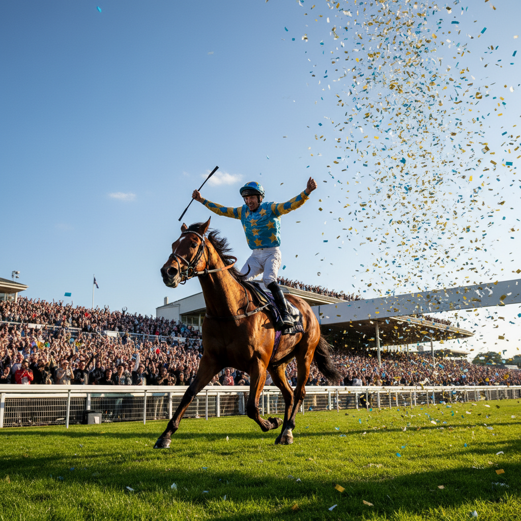 A jockey performing a flying dismount celebration after winning a race