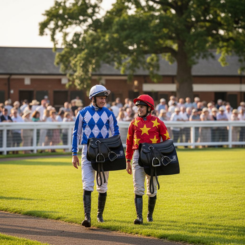 Two jockeys walking side by side through a racecourse paddock