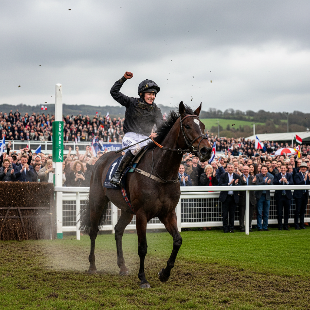 A female jockey celebrating victory on horseback at Cheltenham